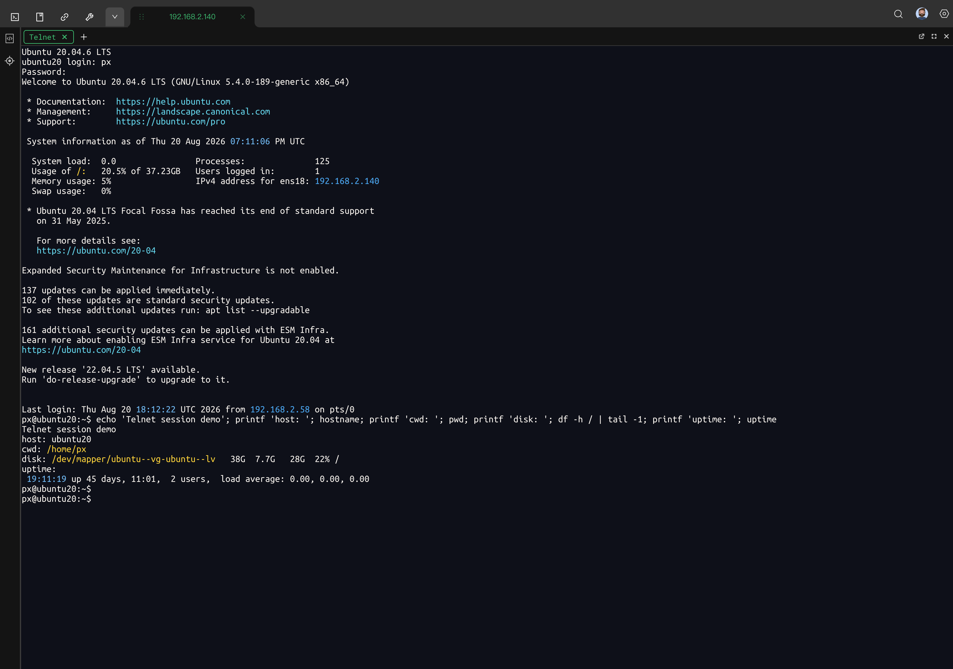 Telnet 实际登录会话
